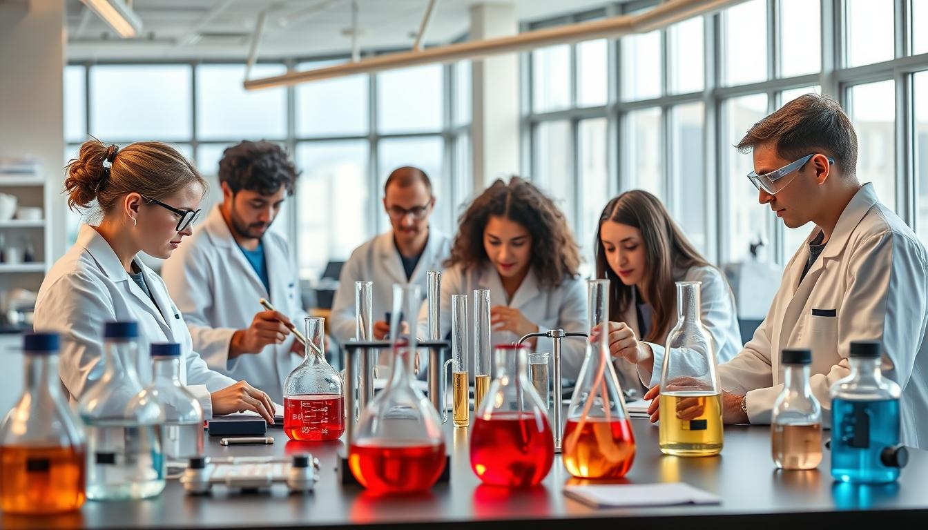 Students studying together in modern classroom